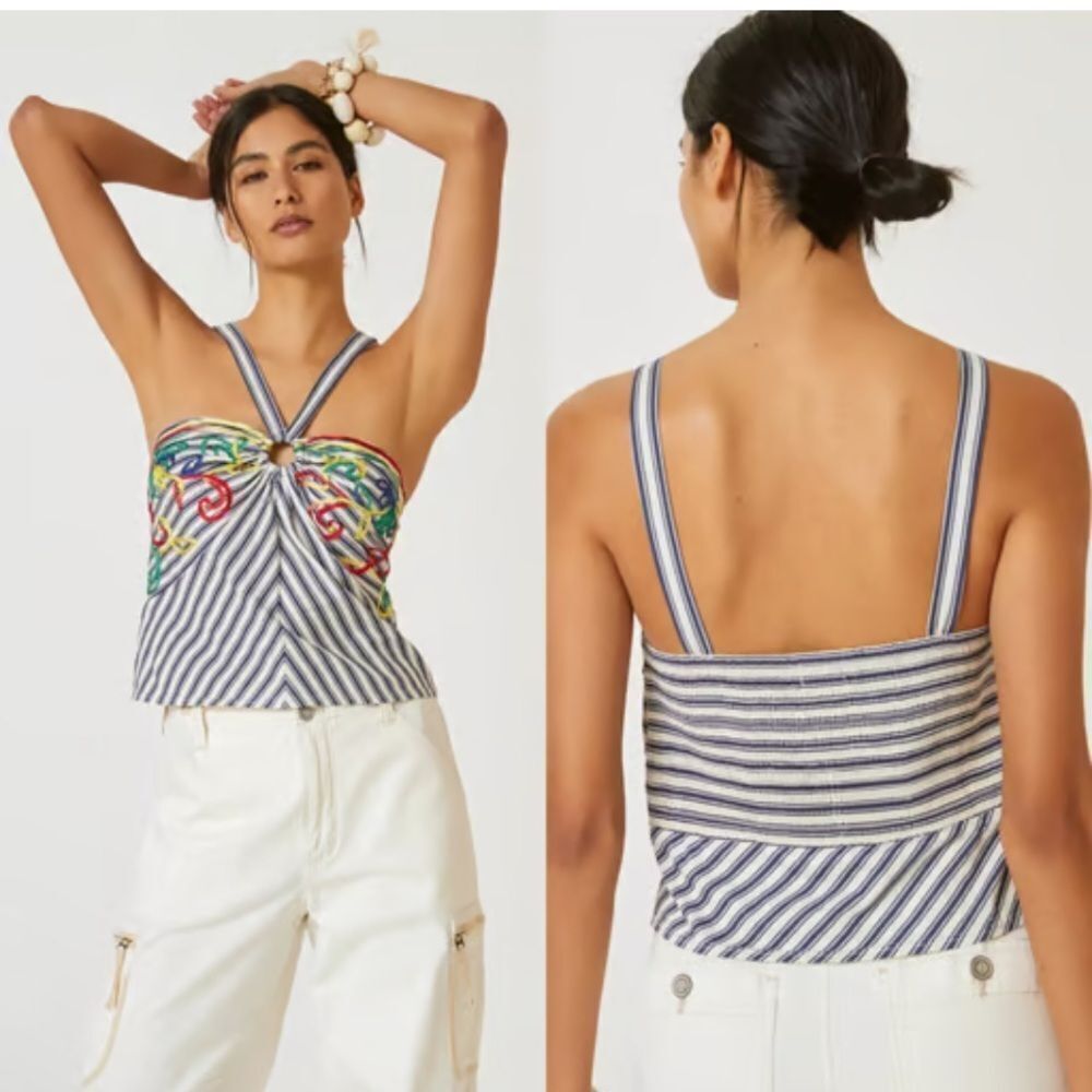 Tiny XS Anthropologie Avril Emroidered Striped Halter Top $110 Blue